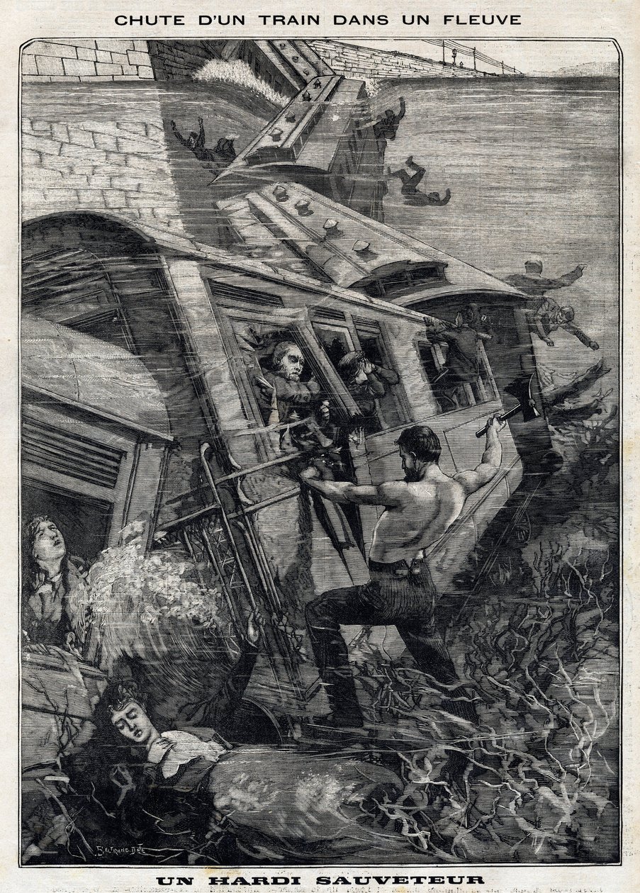 Vlak New York Buffalo spadne ve Spojených státech do řeky: muž se snaží zachránit cestující, kterým hrozí utonutí. V „“Le Peute Parisien““ dne 11.7.1897. Soukromá sbírka od French School