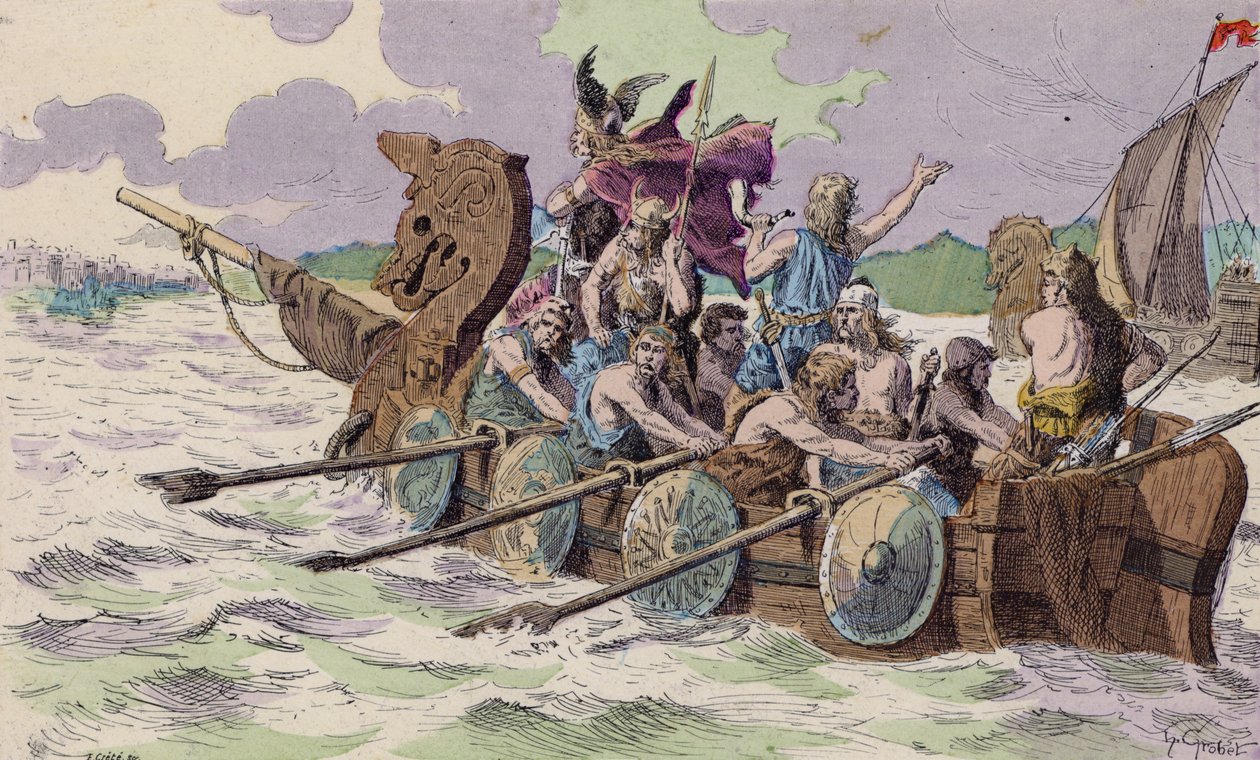 Příjezd Normanů do Paříže, 885 (barevná litografie) od French School