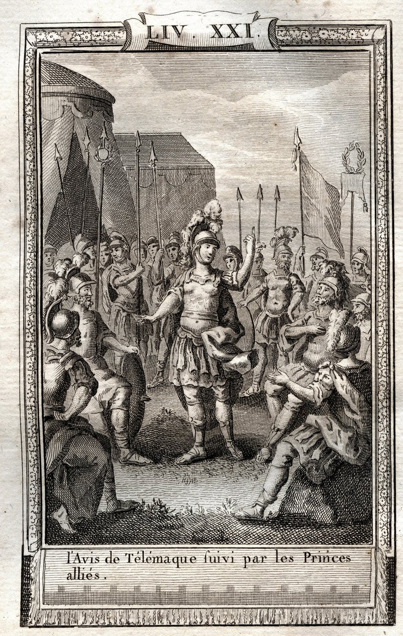 Oznámení o Telemaque následované spojeneckými princi - rytina z roku 1798 po Monnetovi v „Les Aventures de Telemaque, fils d