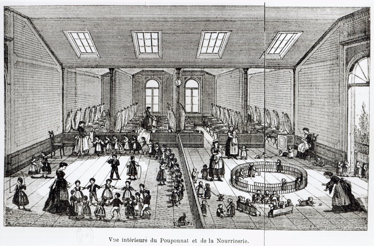 Mateřská škola ve Familistery of Guise, z Solutions Sociales Jean-Baptiste Andre Godin (1817-88), Paříž, 1871 od French School