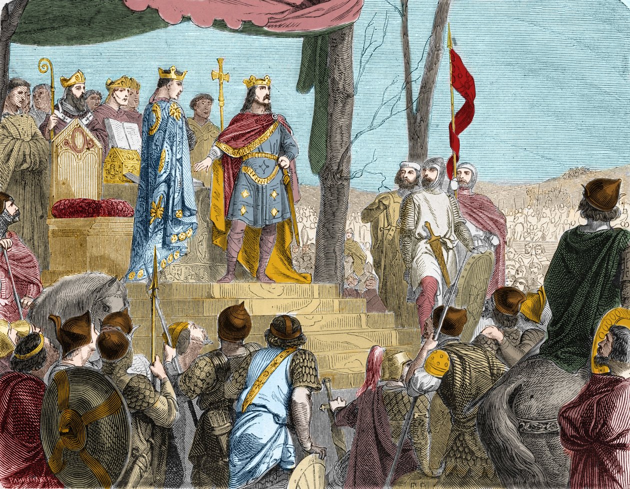 Přísahy Štrasburku mezi Ludvíkem Němcem (876), vládcem východní Francie, a jeho nevlastním bratrem Karlem Plešatým (? 877), vládcem Západní Francie - Le oath de Strasbourg: traite de Verdun, 843. Synové Ludvíka zbožní rozdělili území (Caroli od French School