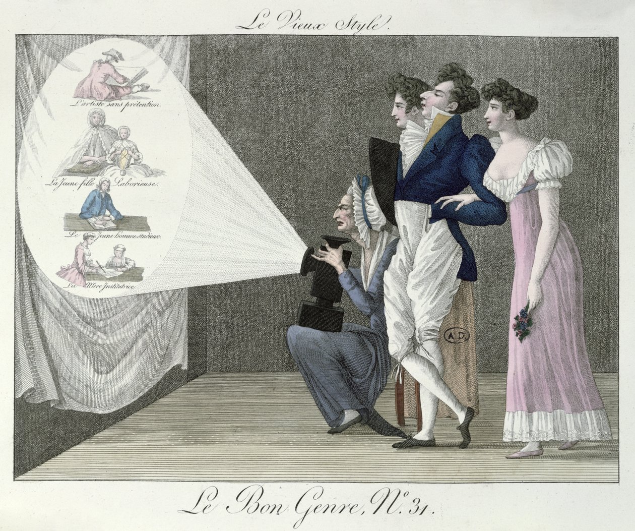 The Old Style, sledování projekce obrázků z 18. století z filmu magické lucerny, ilustrace z Le Bon Genre od French School