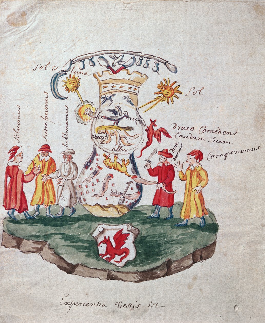 Operace alchymie, ilustrace z knihy La Cle de la Grande Science o neznámém filozofickém díle (tuš a čb na papíře) od French School