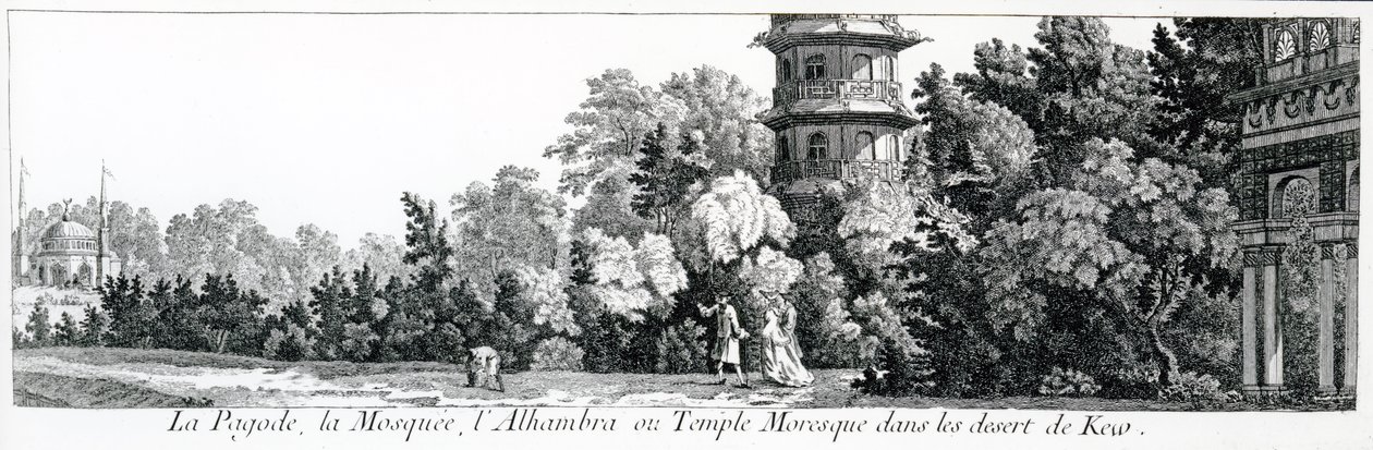 Pagoda, mešita a Alhambra neboli maurský chrám v Kew, z Jardins Anglo-Chinois a la Mode, od George Louise le Rouge, vydáno 1775-78 od French School