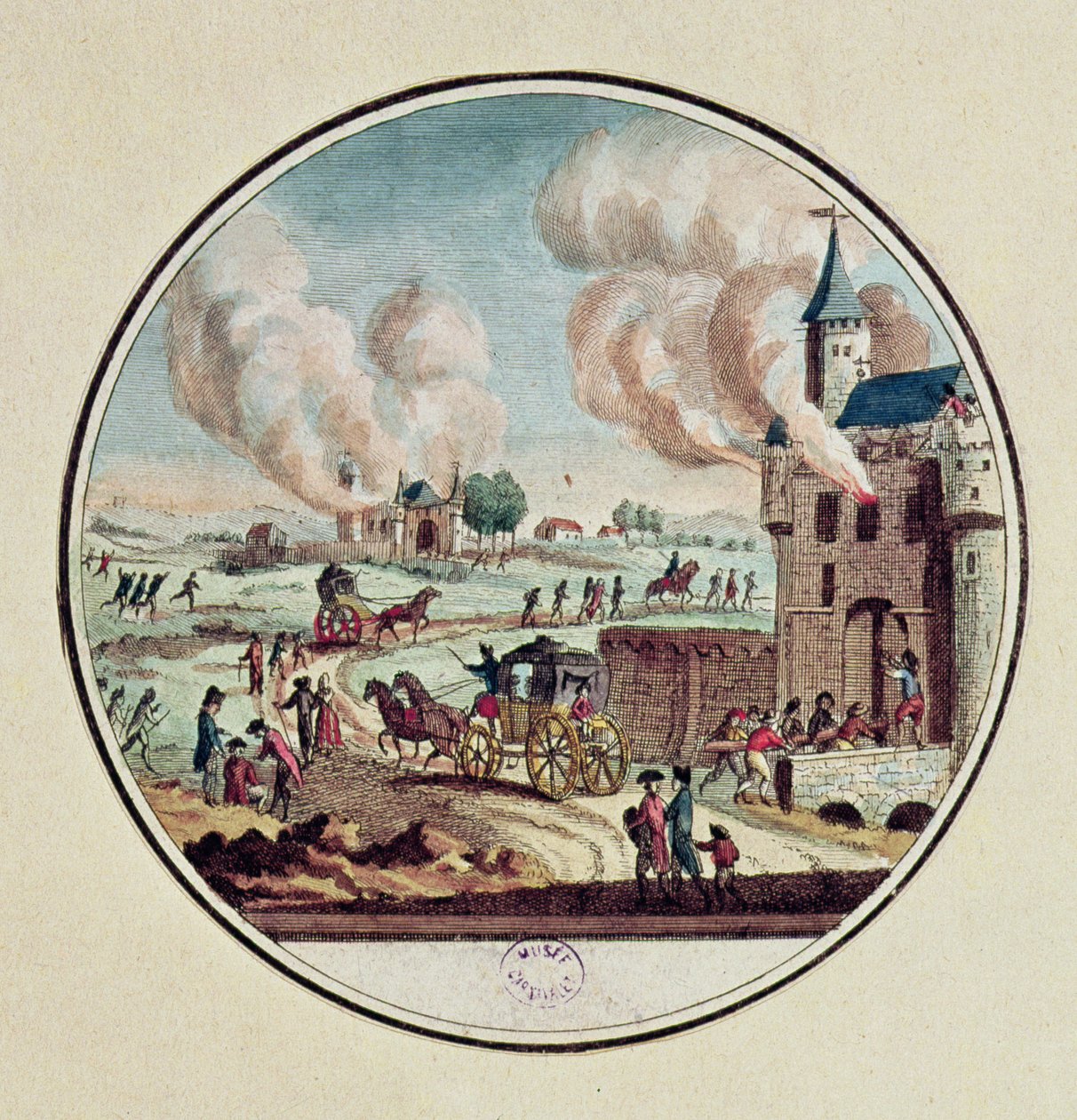 Drancování a ničení zámků a emigrace knížat a dvořanů v červenci 1789 (barevná rytina) od French School