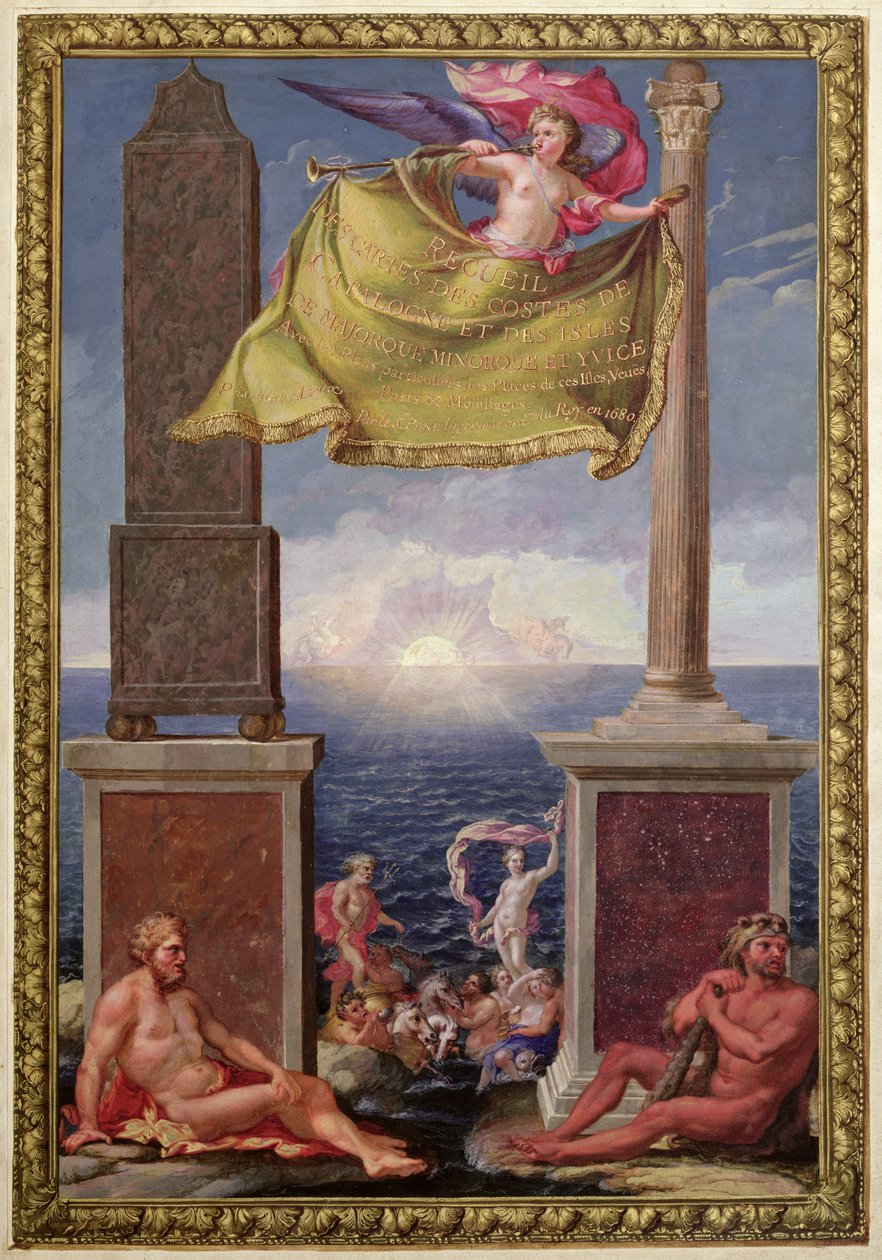The Pillars of Hercules, frontispis sbírky map Katalánska a Baleárských ostrovů od Pene, 1680 (barevná rytina) od French School
