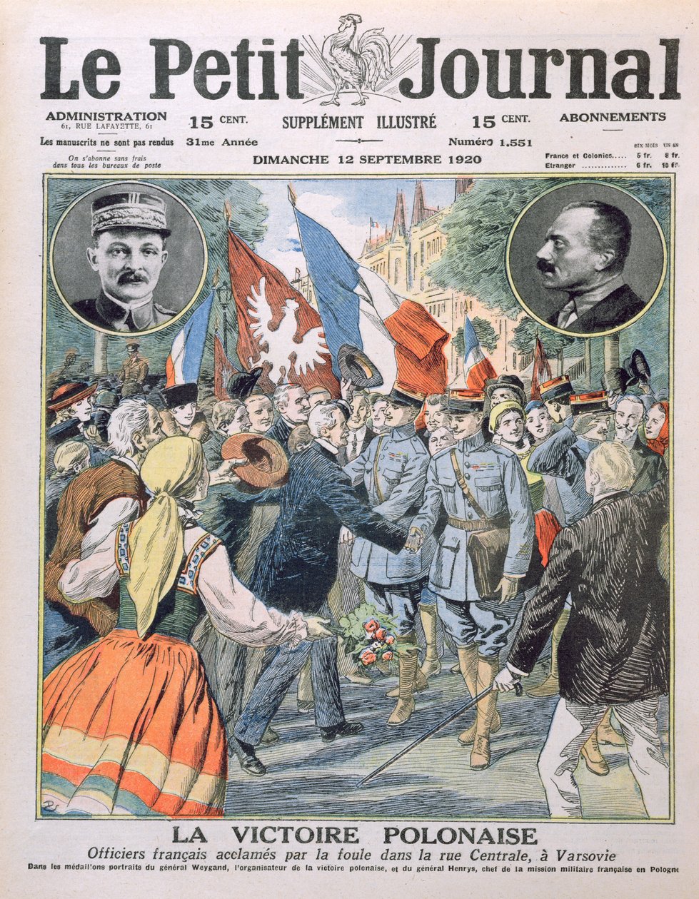 Polské vítězství, francouzští důstojníci oslavovaní davem na Hlavní ulici ve Varšavě, ilustrace na obálce Le Petit Journal, 12. září 1920 od French School