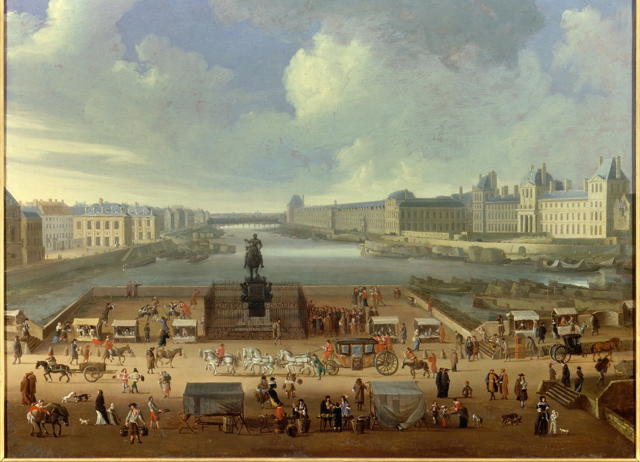 Pont Neuf při pohledu od vchodu na Place Dauphine, Quai Malaquais, College of Four Nations, velká galerie a Louvre. Anonymní malování od French School