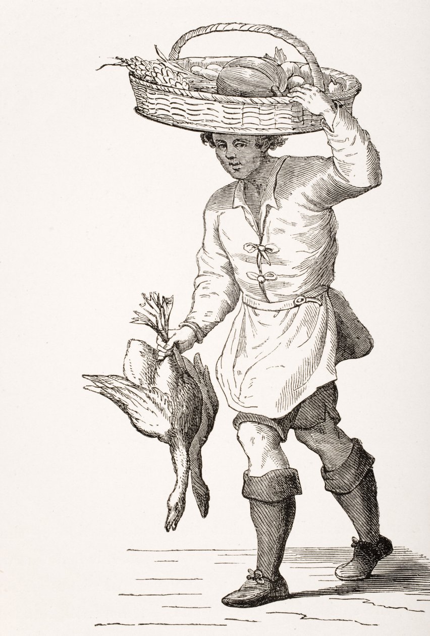 Obchodník s drůbeží, po dřevorytu ze 16. století od Cesare Vecellia (1521-1601) z „Le Moyen Age et La Renaissance“ od Paula Lacroixe (1806-84) publikovaném v roce 1847 od French School