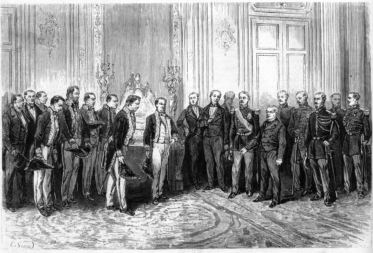 Prezident Francouzské republiky Adolphe Thiers (1797-1877) přijal japonské velvyslance v Elysejském paláci. Rytina v „“ Le Monde Illustré““ č. 821 ze 4. ledna od French School