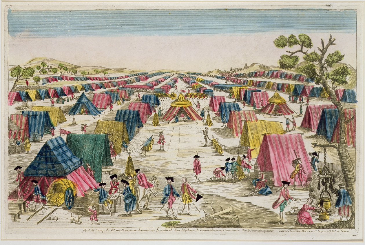 Pruský armádní tábor, čerpaný ze života na polích v Pomořansku, ryl Vale, kolem roku 1750 (ručně kolorovaná rytina) od French School