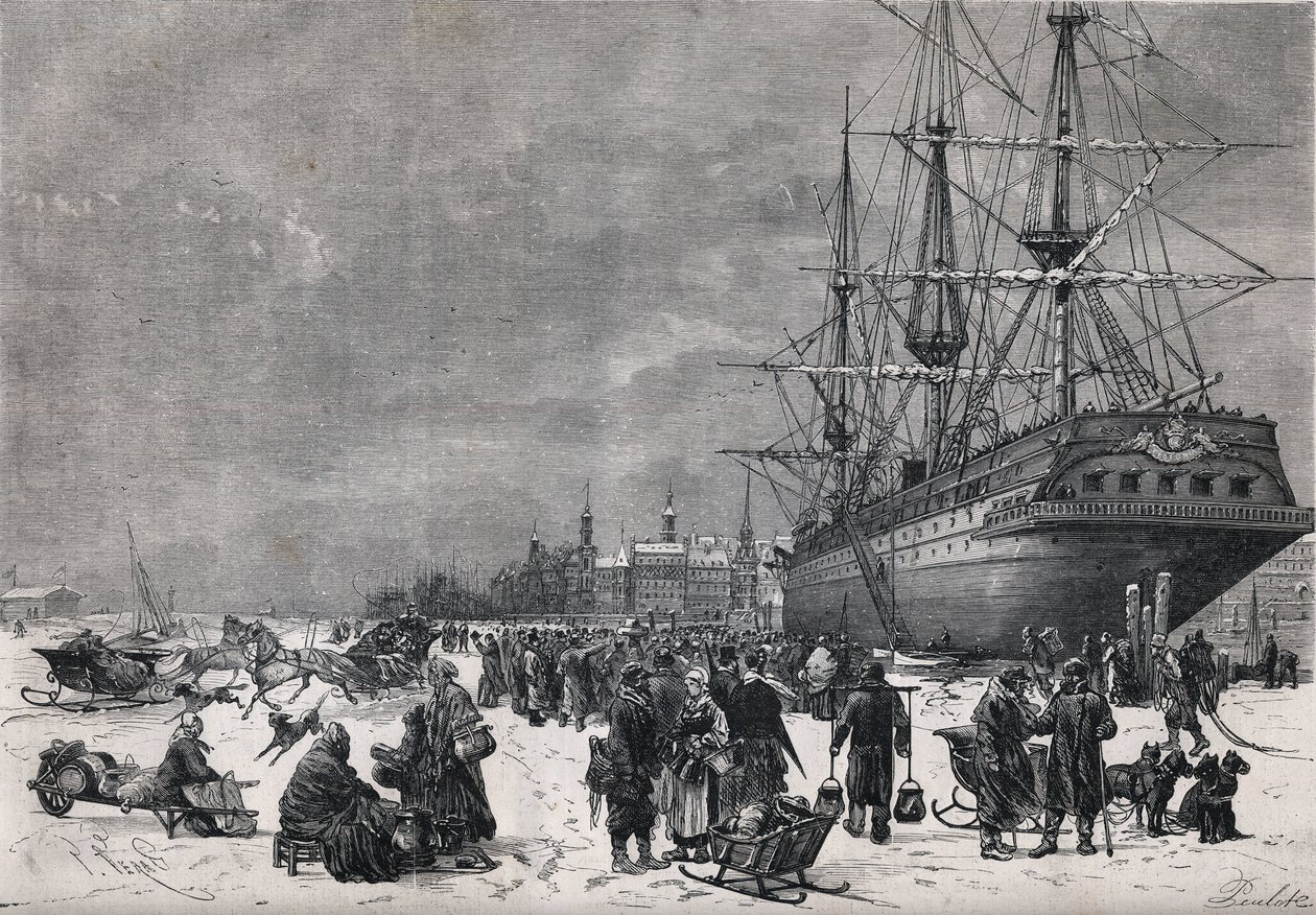 Pruská loď „Teutonia“ v přístavu Hamburk v Německu. Francouzští vojáci byli vězněni ve válce v roce 1870. Rytina v „“ Le Monde Illustré““ č. 743 z 8. července 1871. od French School