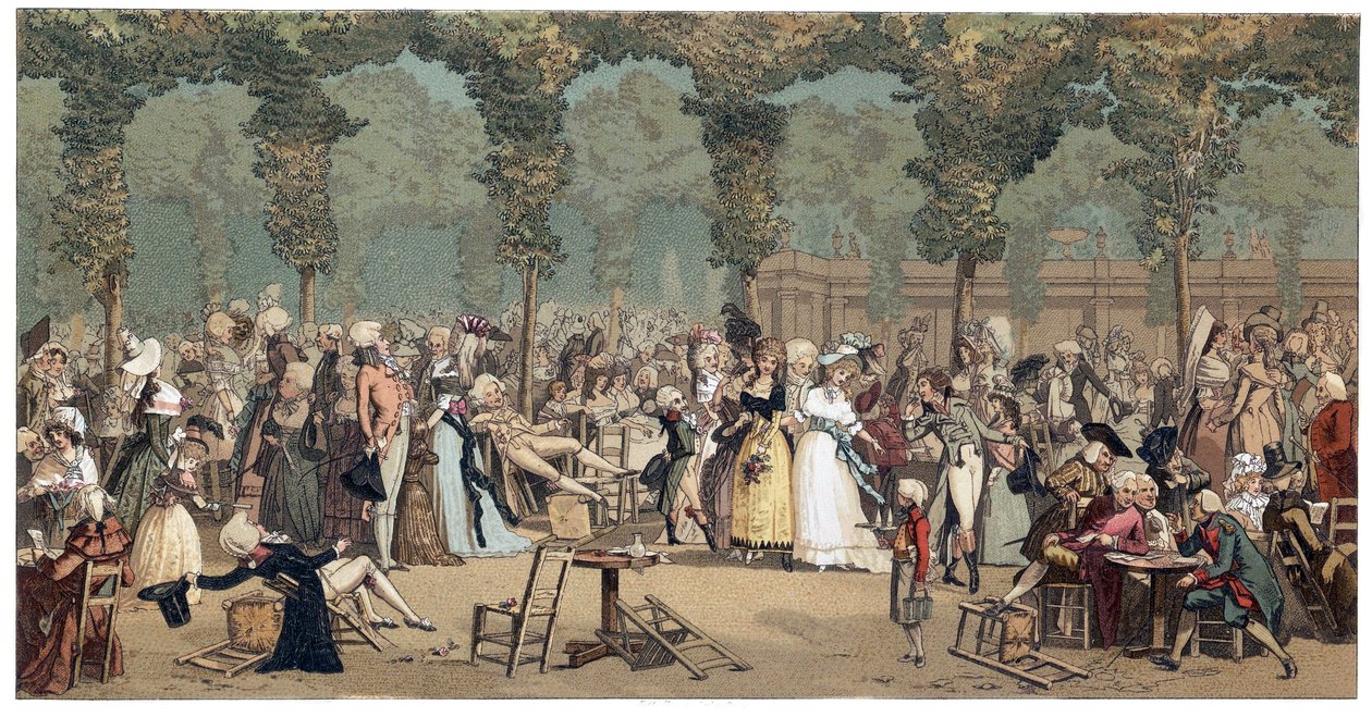 Veřejná promenáda v Palais Royal v Paříži od Philiberta-Louise (Philibert Louis) Debucourt (1755-1832) od French School