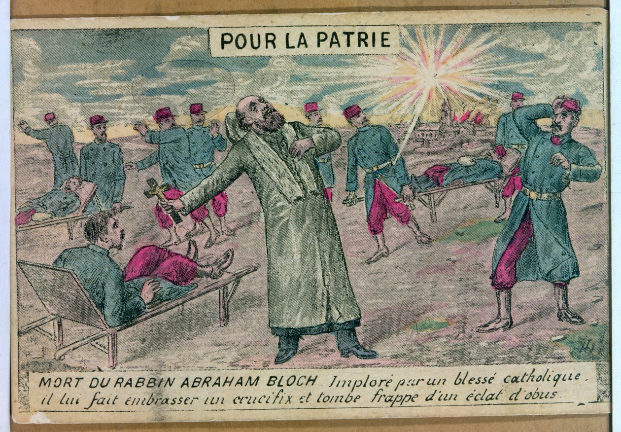 Rabín Abraham Bloch nabízí krucifix umírajícímu katolickému vojákovi a je zasažen granátem, 1914-18 od French School