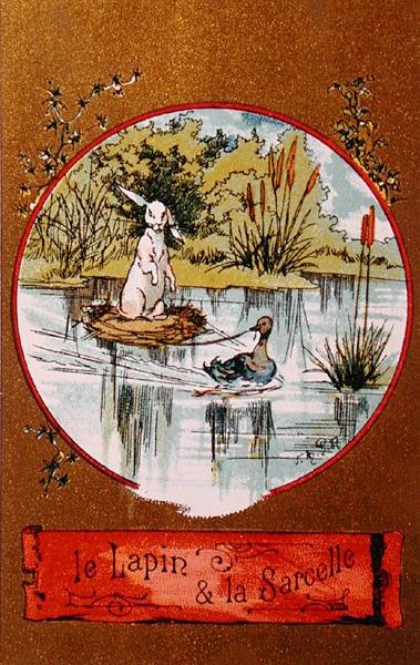 Králík a Teal, ilustrovaná karta zobrazující bajku od Jeana de la Fontaina (1621-95) kolem roku 1880 od French School