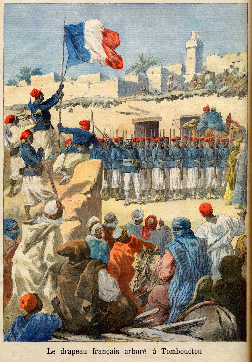 Vztyčení francouzské vlajky v Timbuktu (Mali) z 