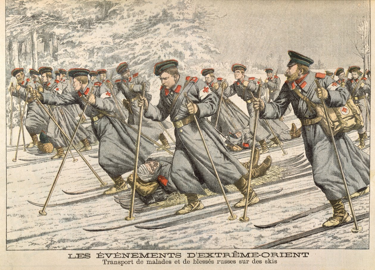 Červený kříž přepravující zraněné Rusy na lyžích během rusko-japonské války (1904-05) z Le Petit Journal, kolem roku 1904 od French School