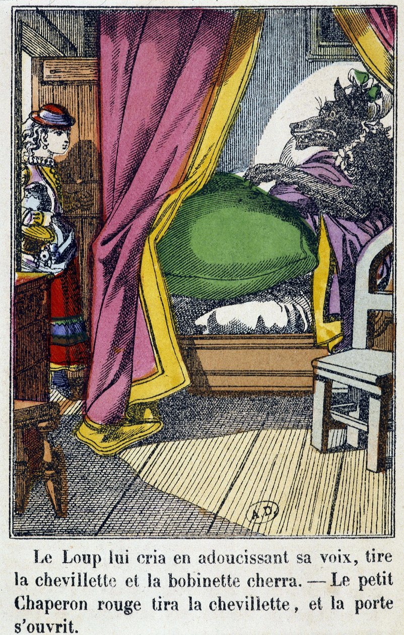 Červená karkulka vstoupí do místnosti, kde vlk nahradil svou babičku - v „Červené karkulce“, ed. Pellerin, Epinal, n. d. 19. od French School