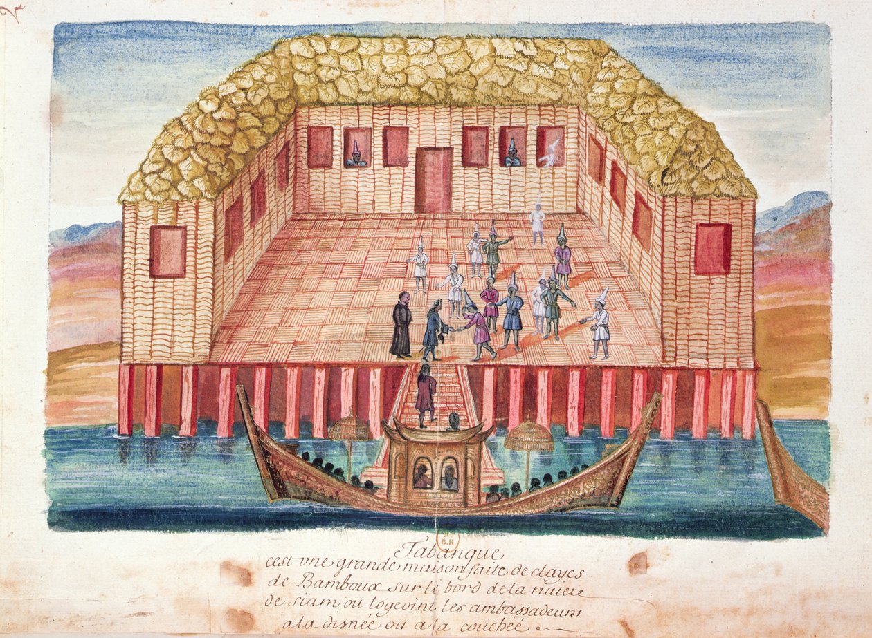 Rezidence francouzských velvyslanců v Siamu, z popisu jezuitů v Siamu, 1688 (wc na papíře) od French School