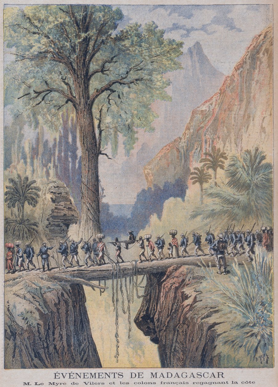 Generální rezident Madagaskaru, Charles le Maire de Villiers a francouzští kolonisté dosáhli pobřeží, ilustrace z „Le Petit Journal“, 3. února 1895 od French School