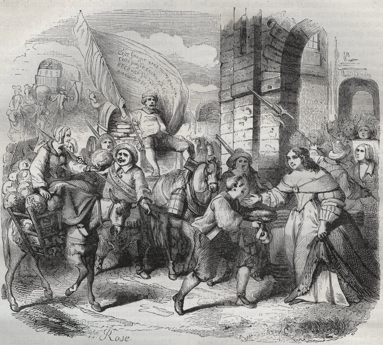 Návrat Gonesse, epizoda Frondy: „Lady of Paris“ vítá „Lady of Aubervilliers“ a „Nouricier Gonesse“, kteří ji přišli zásobit. Rytina frondeuse 1649 - rytina v „Paris a travers les siecles““ od H. Gourdona de Genouillac od French School