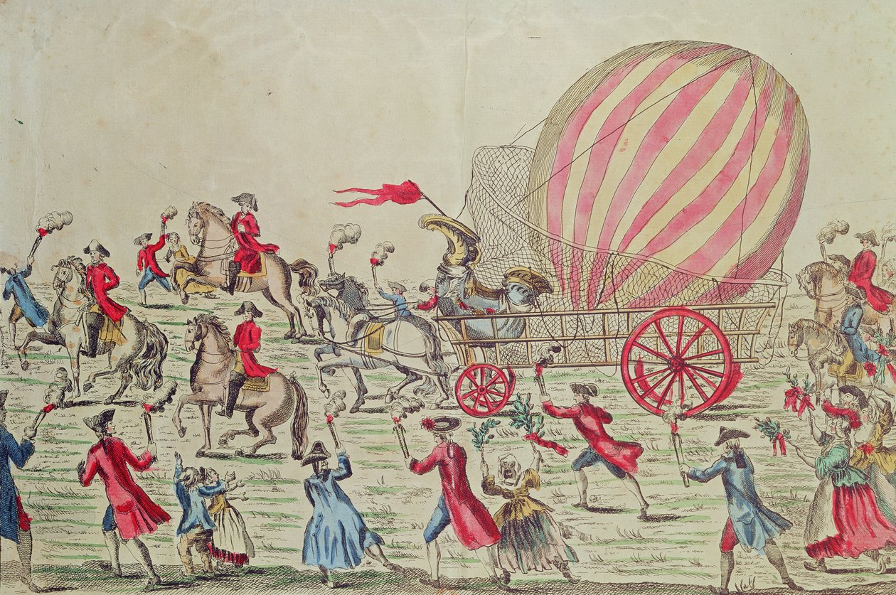 Návrat horkovzdušného balónu do Paříže po experimentu bratří Montgolfierů na Champ de Mars, 2. prosince 1783 od French School