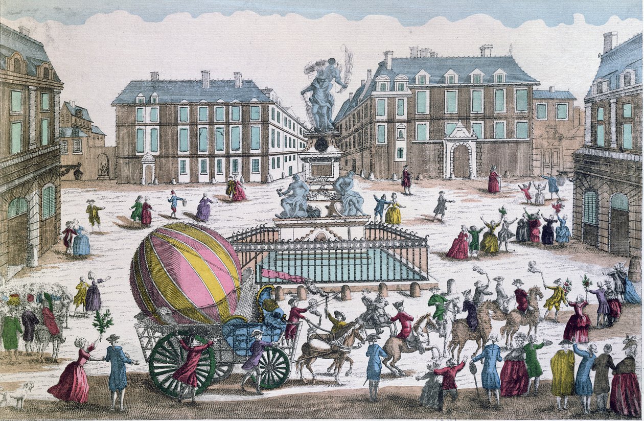 Návrat balonu Jacquese Charlese (1746-1823) a Nicholase Roberta (1761-1828) 2. prosince 1783 do dílny na náměstí Place des Victoires. od French School