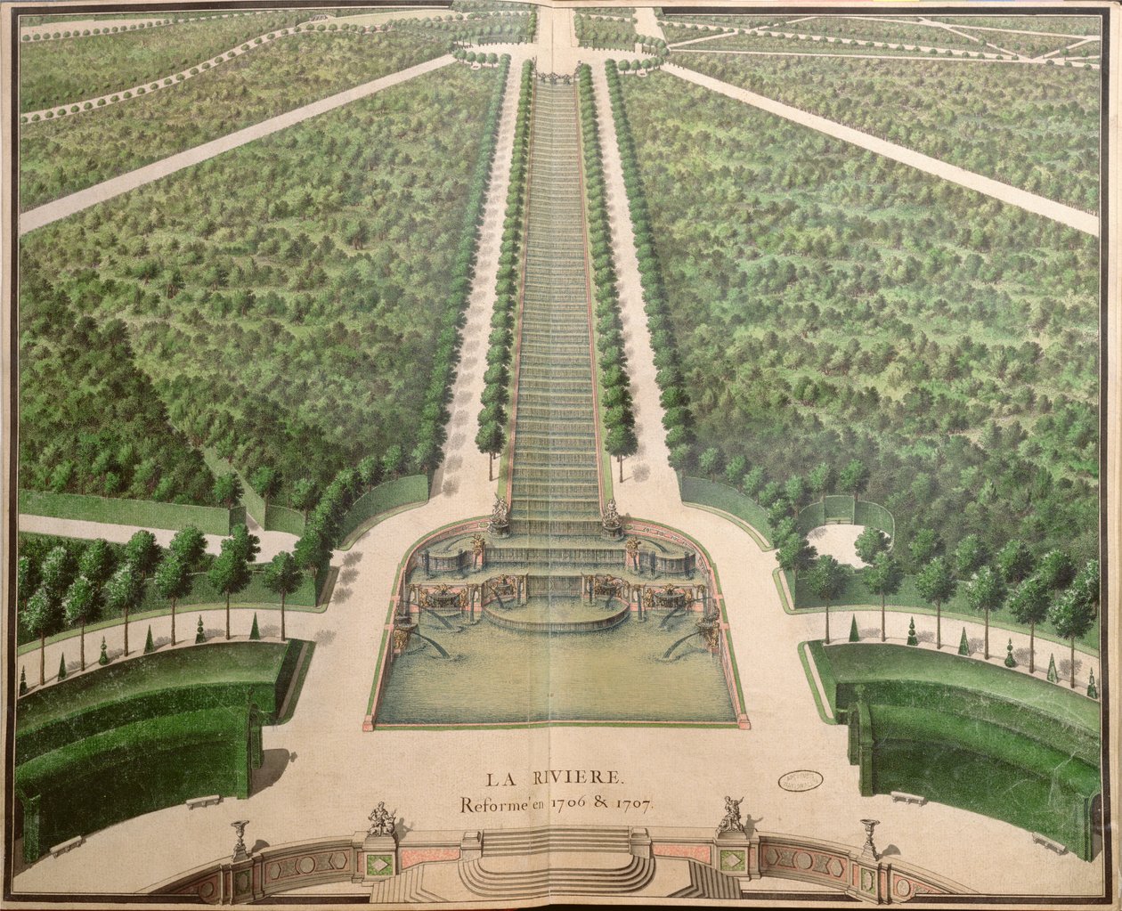 Řeka, předělaná v letech 1706-07, z „Gardens of Marly“, počátek 18. století od French School