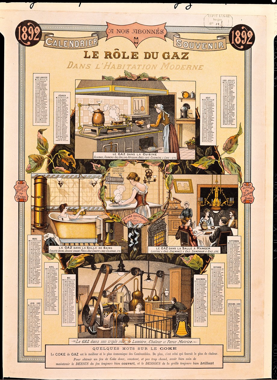 Role plynu v moderních domech, z kalendáře francouzské plynárenské společnosti, 1892 od French School