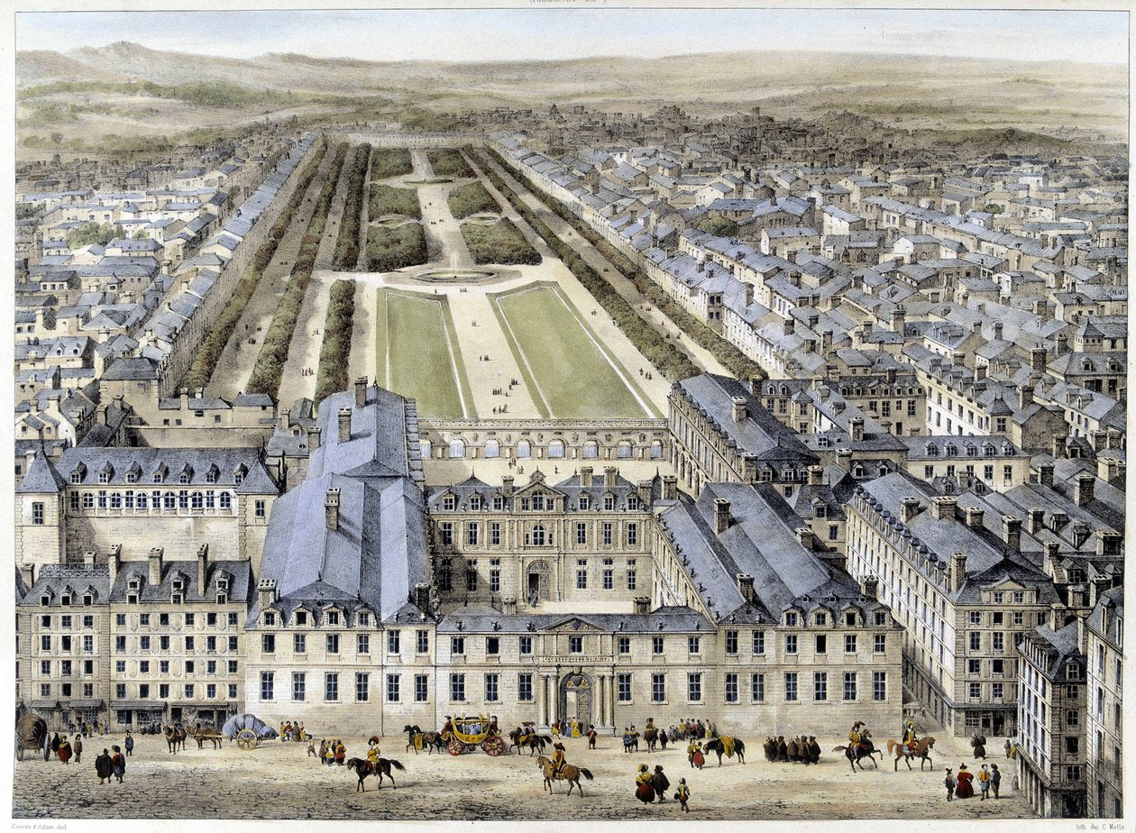 Královský palác v roce 1679, pohled z ulice St Honoré - litografie od French School