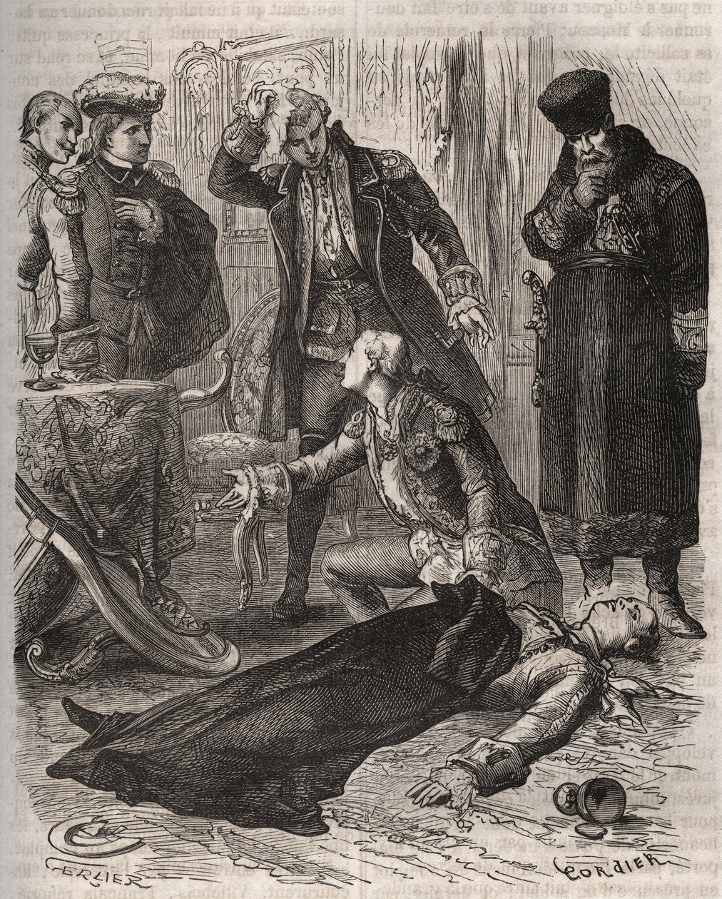 Ruský císař Petr III. (1728-1762), přidělená rezidence, byl na příkaz své manželky Kateřiny II., která ho právě svrhla a převzala moc, zavražděn Alexejem Orlovem (1737-1808) a jeho strážci dne 17. července 1762. Rytina z roku 1871 v „Histoire De od French School