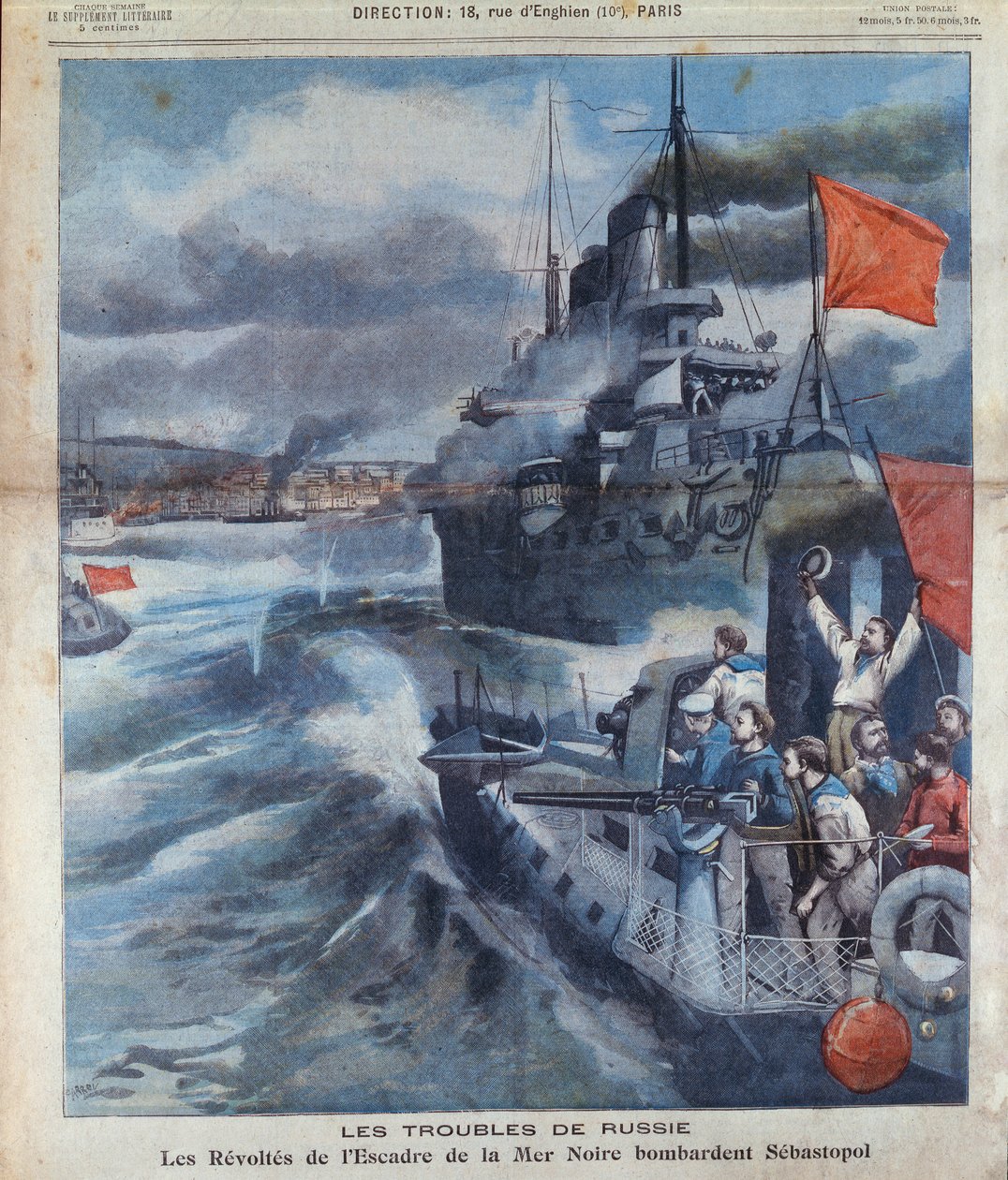 Ruská vzpoura v Černém moři a bombardování Sevastopolu, ilustrace z Le Petit Parisien, 1905 od French School