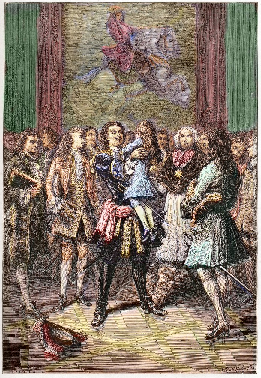 Ruský car Petr I. Veliký (1672-1725) držící v náručí krále Ludvíka XV. ve Versailles v roce 1717 - PETER I. (1672-1725) ruský car od French School