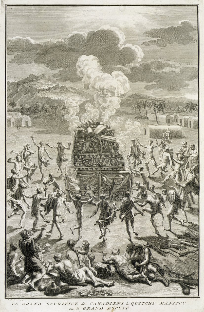 The Sacrifice to Quitchi-Manitou, neboli The Great Spirit, od Kanaďanů, ilustrace z Náboženských obřadů a zvyků, vyryl Bernard Picart (1673-1733) 1723 od French School