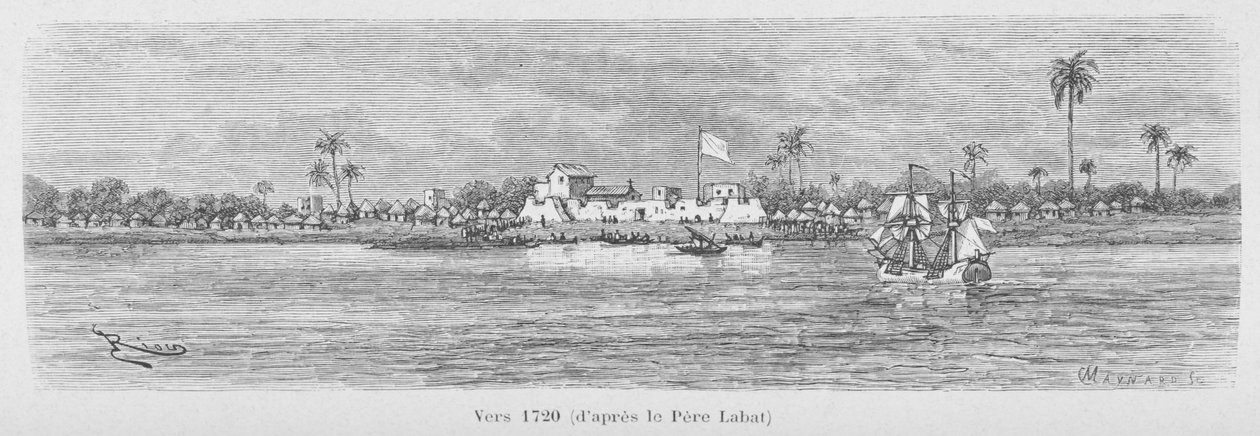 Řeka Saint-Louis v roce 1720, Senegal, ilustrace z „Le Senegal...“ od Louise Leona Faidherbeho od French School