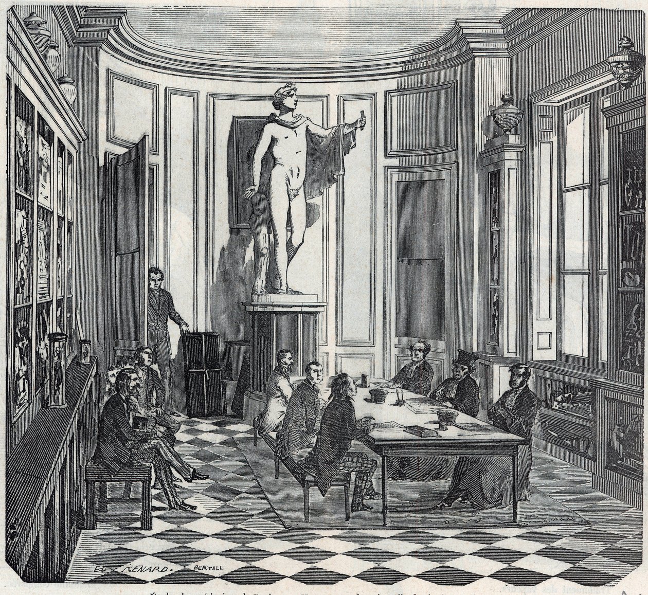 Lékařská fakulta v Paříži – zkouška v přístrojové místnosti – rytina v „Tableau-de-Paris“ od Edmonda Texiera 1852 od French School