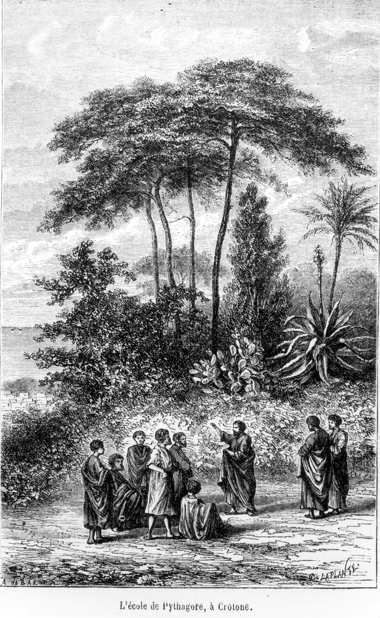 Pythagorova škola (asi 580–500 př. n. l.) z Le Monde Illustre, 1865 od French School