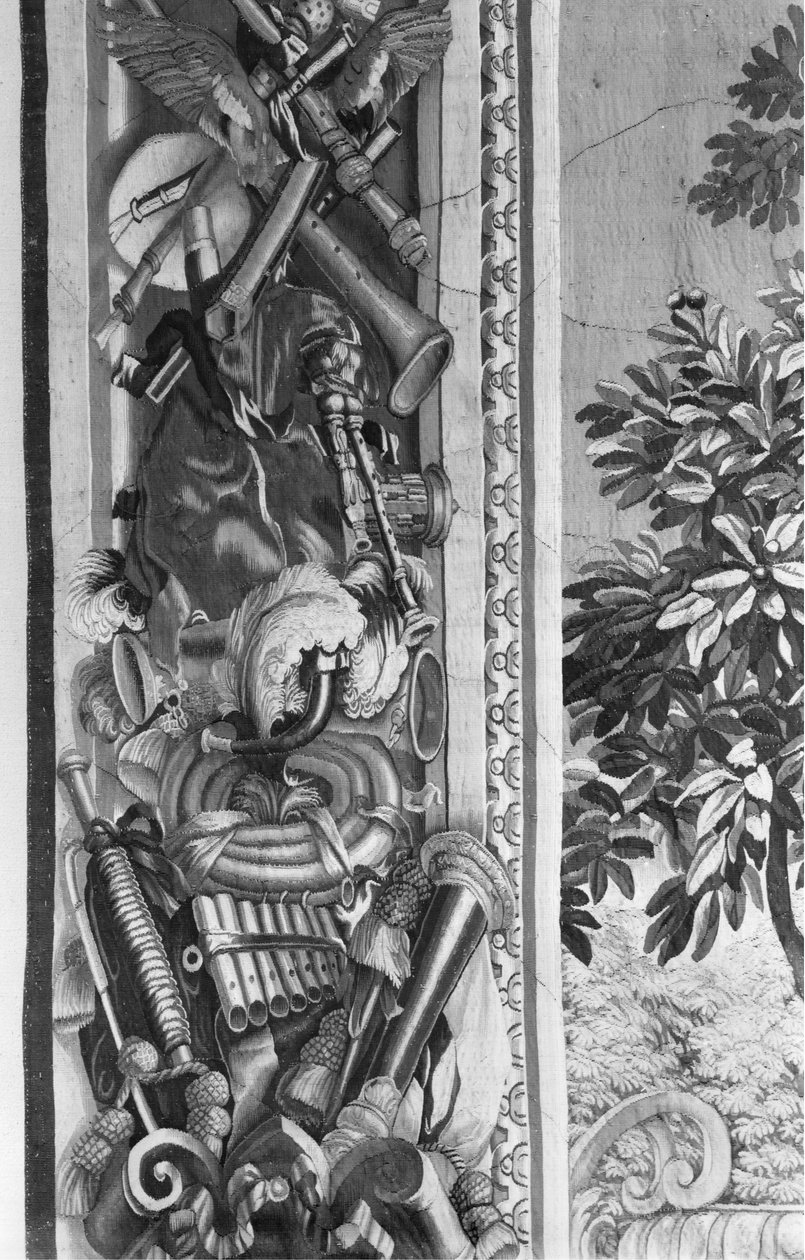 Tapiserie The Seasons, hranice, hudební nástroje, kolem 1670, továrna na gobelíny (detail) od French School