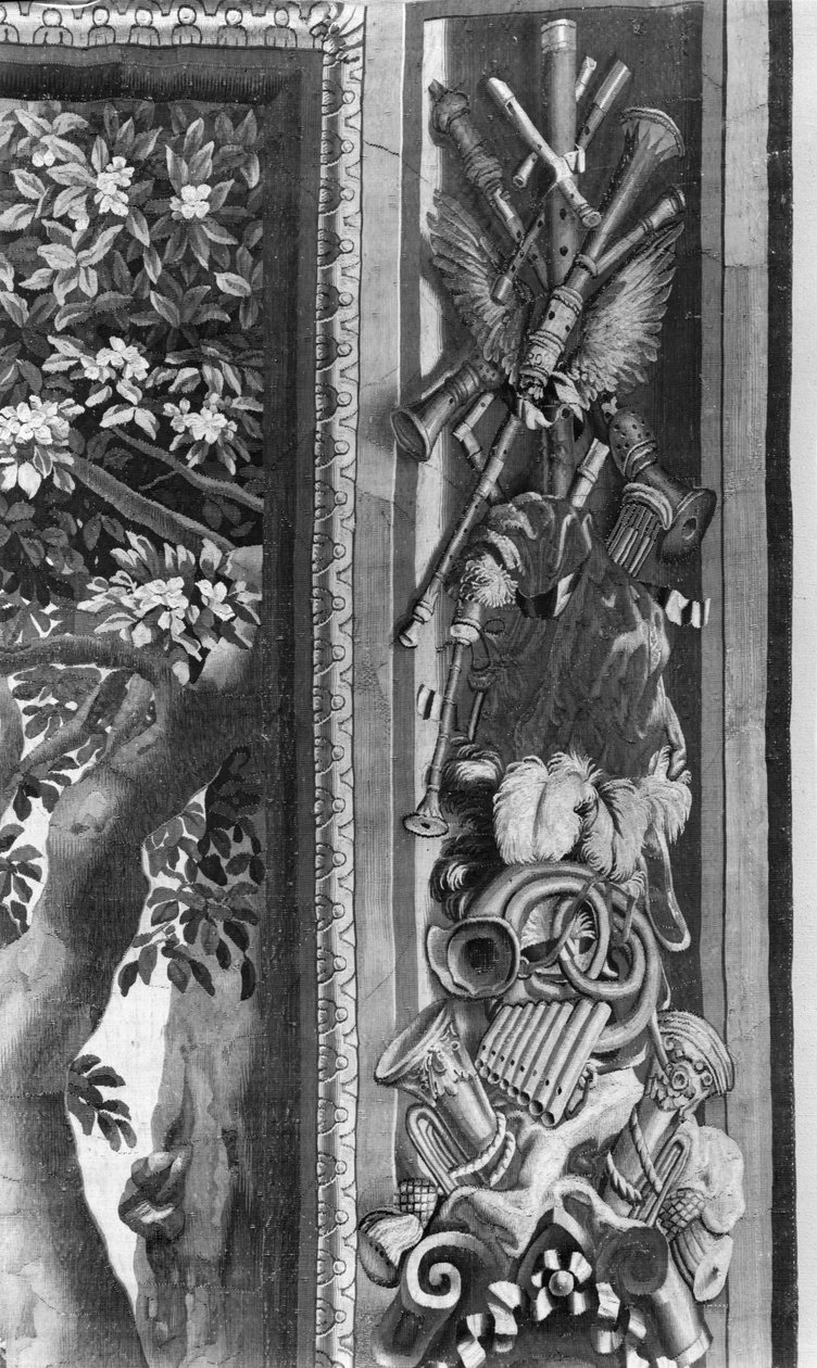 Tapiserie The Seasons, hranice, hudební nástroje, kolem 1670, továrna na gobelíny (detail) od French School