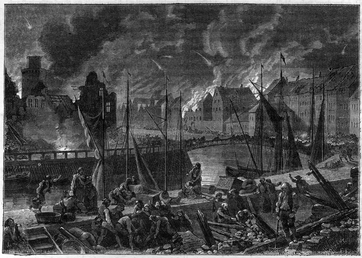 Druhá bitva u Kodaně (nebo bombardování Kodaně) (16. srpna-5. září 1807) Britské bombardování Kodaně za účelem šestnácti dánsko-norské flotily během napoleonských válek - anglických válek - bitvy o Kodaň v roce 1807 o od French School