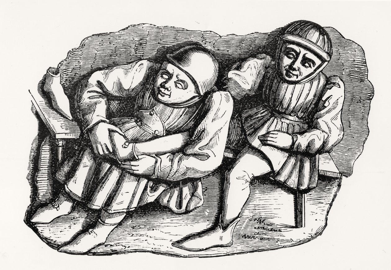 Švec a jeho zákazník, zkopírované z jednoho ze stánků Misericordia ve sboru rouenské katedrály, ilustrace z Vědy a literatury ve středověku a renesanci, psané a od French School