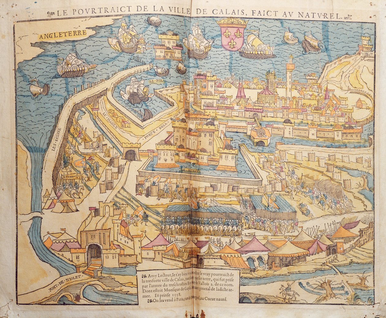 Obležení Calais, 1558 (barevný dřevoryt) od French School