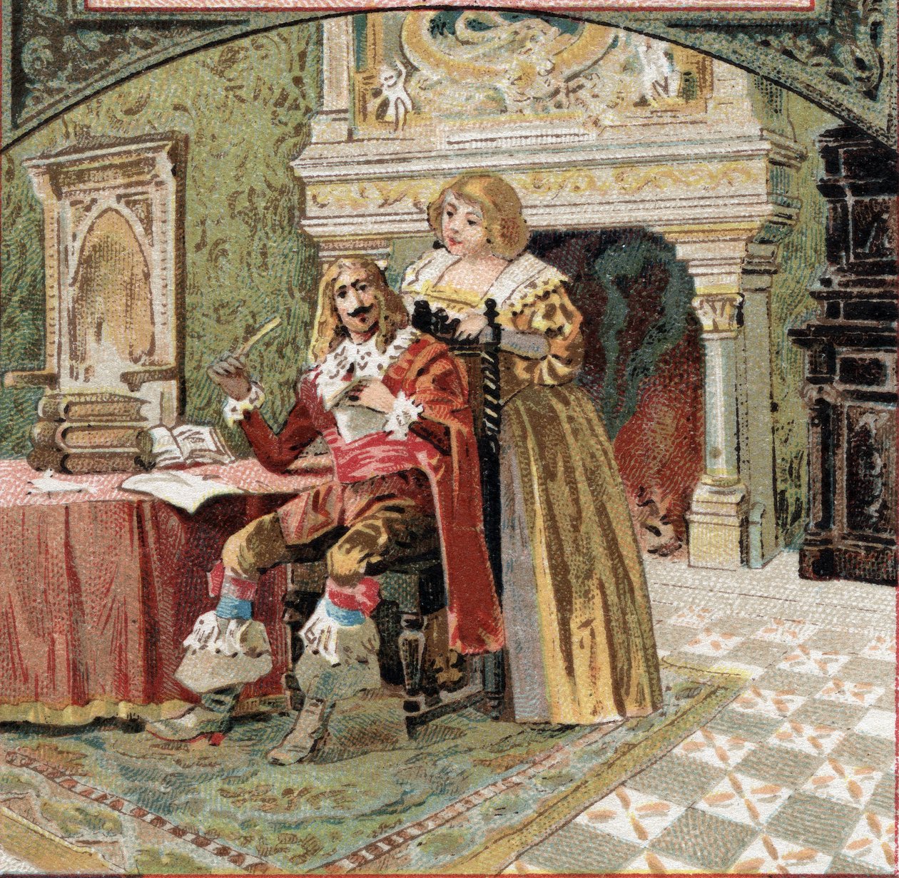 Otec Beringhen a Madame du Fargis spikli proti Richelieuovi (Armand Jean du Plessis, kardinál z Richelieu (1585-1642), ministr Ludvíka XIII., na zámku Azay-le-Rideau (Azay le Rideau) (Indre-et- Loire) Chromolitografie z konce 19 od French School