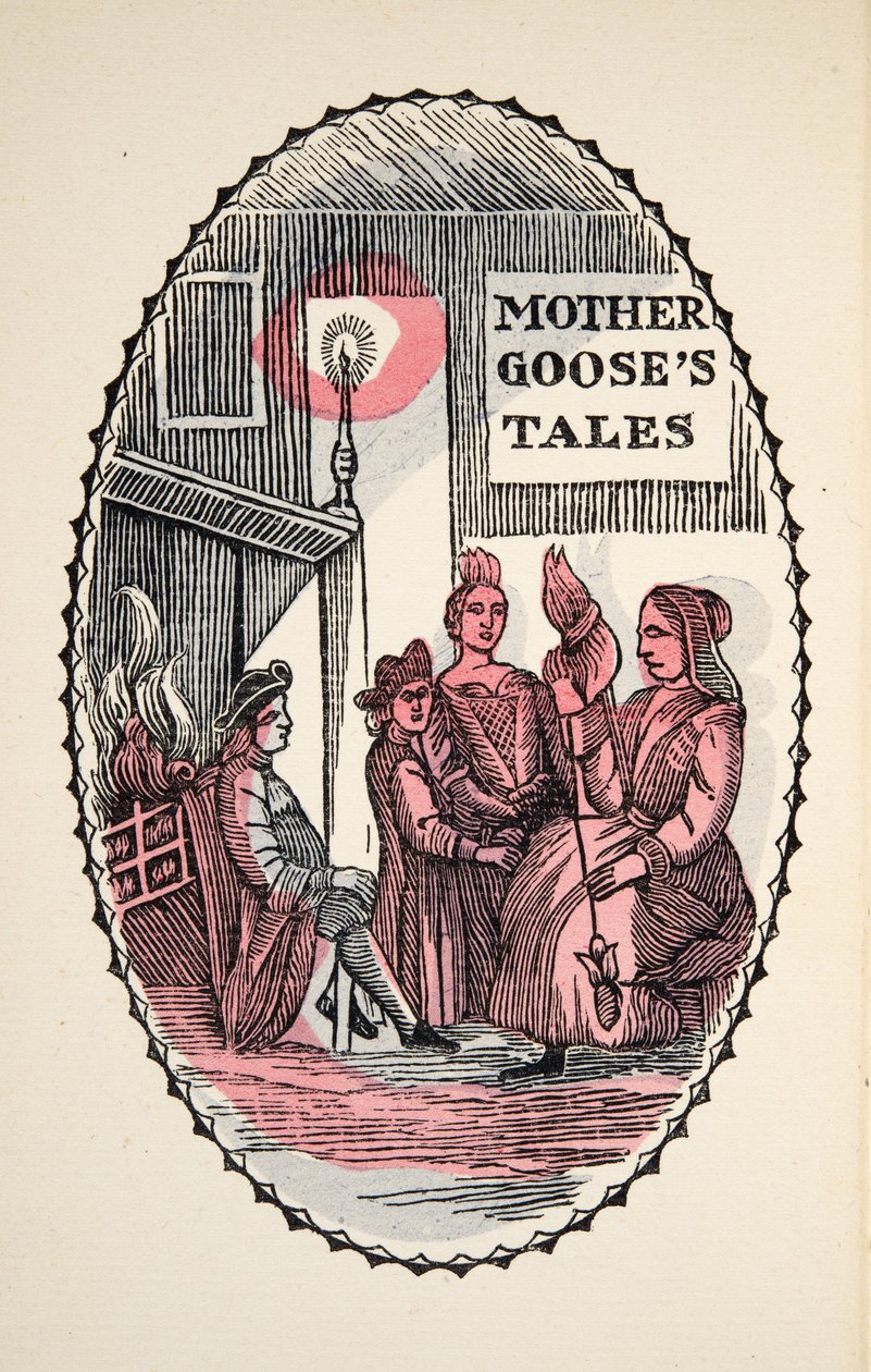 Šípková Růženka v lese, z Historie aneb Příběhy minulých časů vyprávěných matkou Husou, S morálkou, M. Perrault, hospoda. 1925 (ručně kolorovaný dřevotisk) od French School