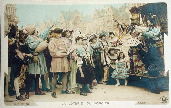 Čarodějova loterie (stále z filmu Pathe), pohlednice z počátku 20. let (barevné lito) od French School