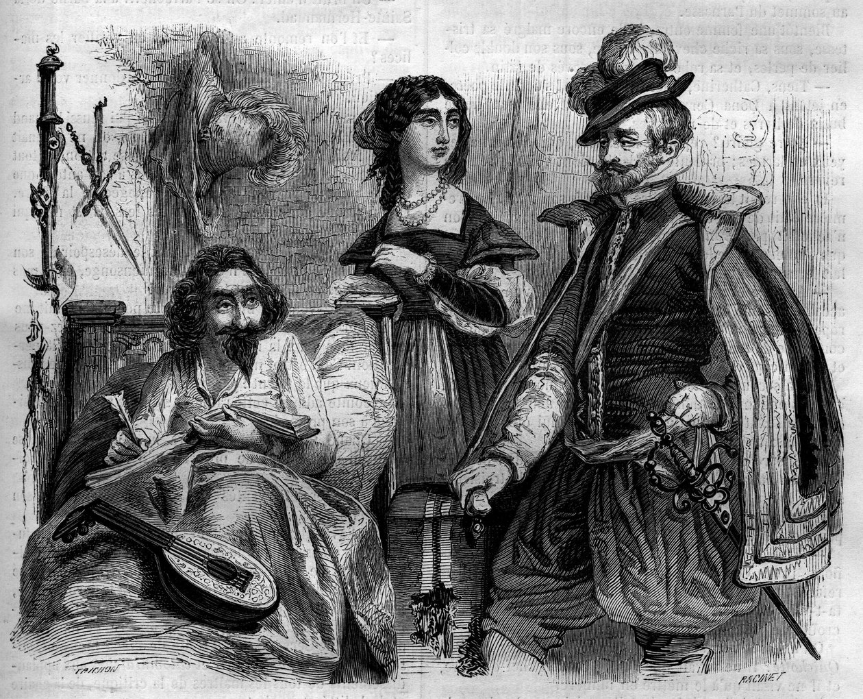 Španělský spisovatel Miguel de Cervantes Saavedra (1547-1616) doma v roce 1614 obklopuje svou manželku a hraběte z Lemos. Rytina z roku 1852. od French School