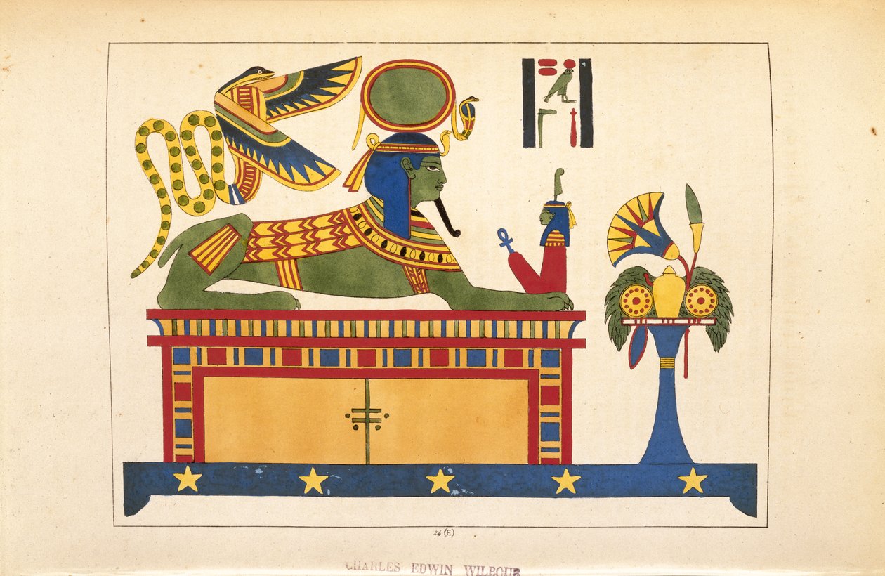 Sfinga, ilustrace z egyptského Pantheonu: sbírka mytologických postav ze starověkého Egypta od Jean-Francoise Champolliona, vydáno kolem roku 1986 od French School