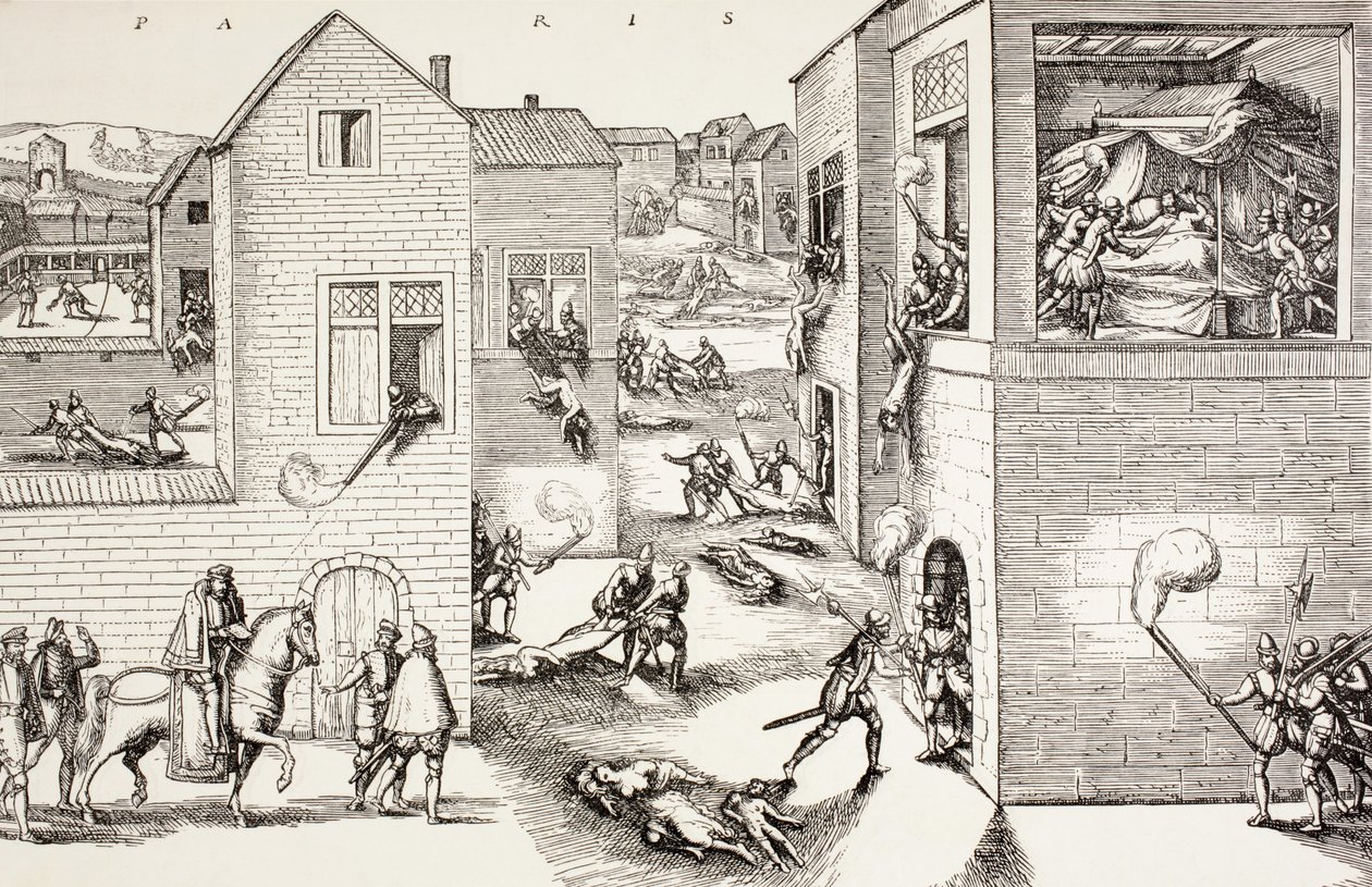 Masakr na den svatého Bartoloměje, srpen 1572, z knihy „Vojenský a náboženský život ve středověku“ od Paula Lacroixe, vydaná v Londýně kolem roku 1880 od French School