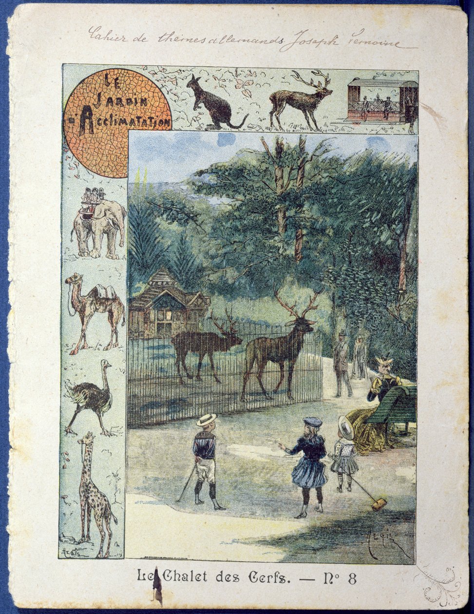 Jelení dům v Jardin dAcclimatation, Paříž, kolem roku 1900 (barevná rytina) od French School