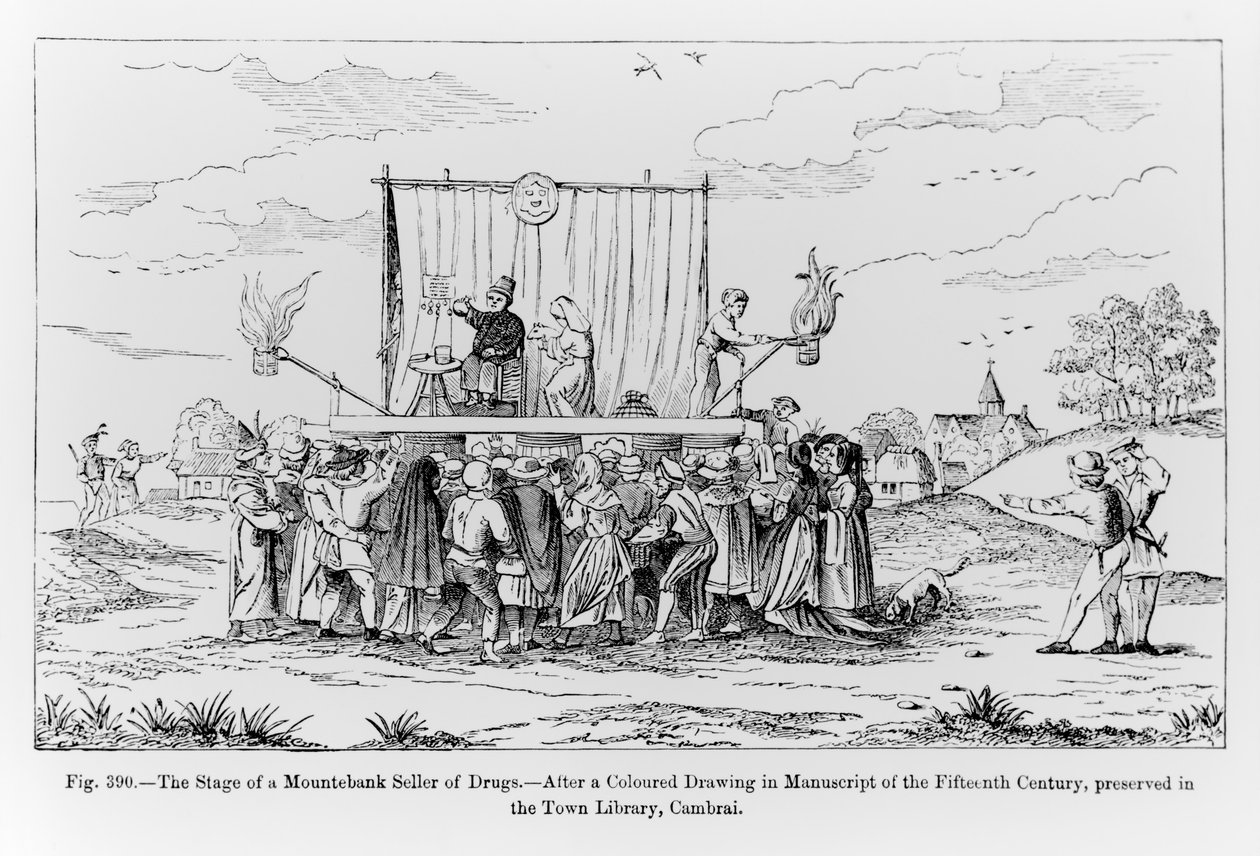 The Stage of the Mountebank Seller of Drugs, ilustrace z Vědy a literatury ve středověku a renesanci, napsal a vyryl Paul Lacroix, 1878 od French School
